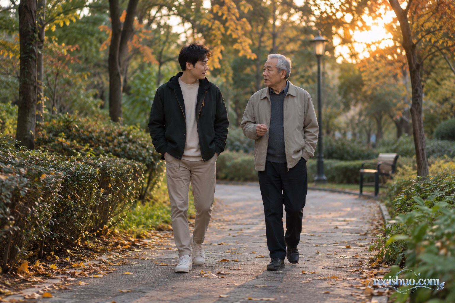 年轻人与老人在秋日社区公园并肩散步交流