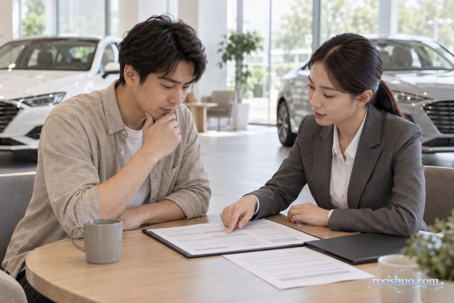消费者在汽车展厅内与销售顾问共同核对促销文件