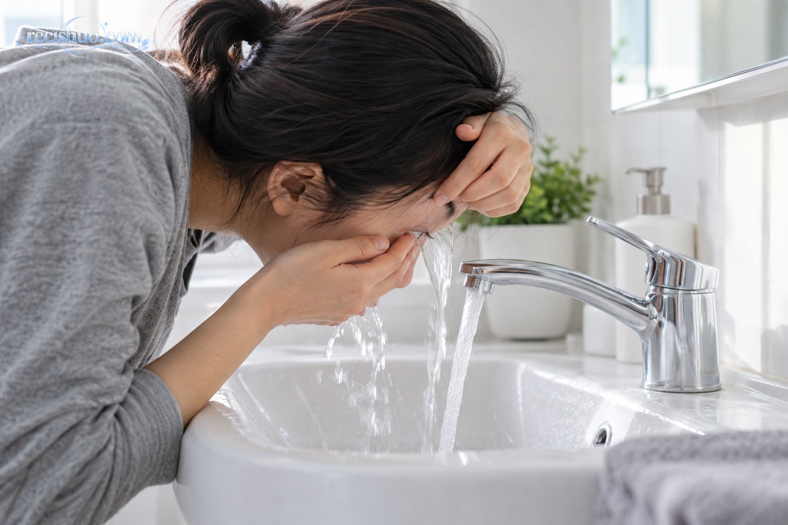 成年人在洗手池前用持续流动的清水冲洗眼睛