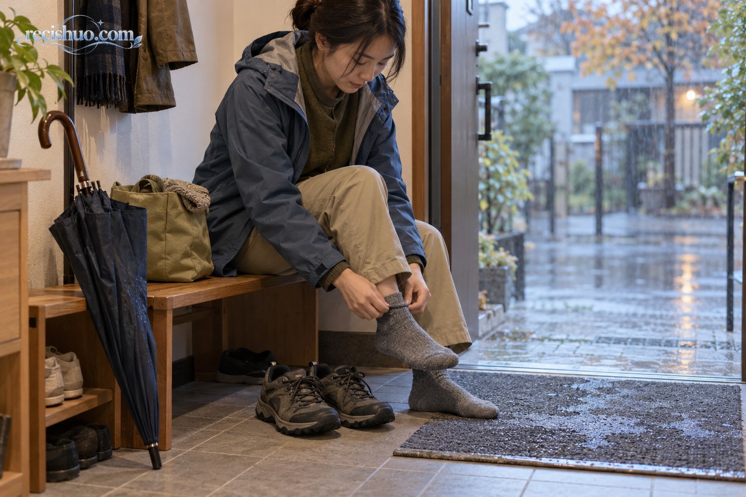 居民在雨天出门前穿好厚袜，并准备防水鞋和雨伞