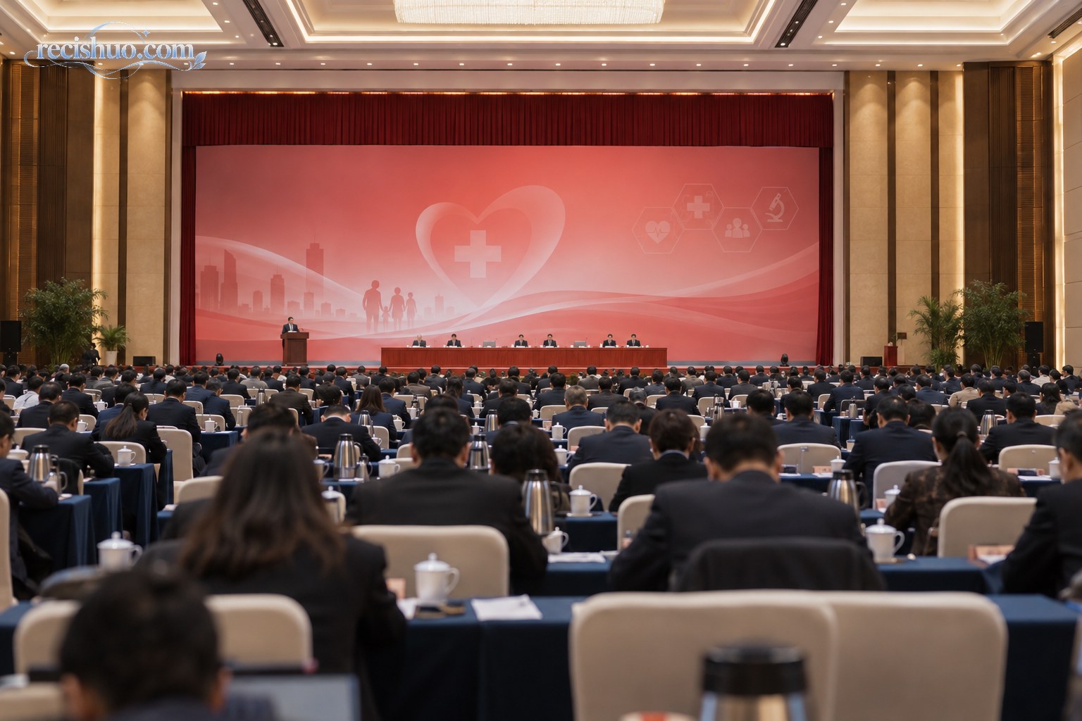 现代大型会议厅内举行卫生健康主题会议的纪实场景