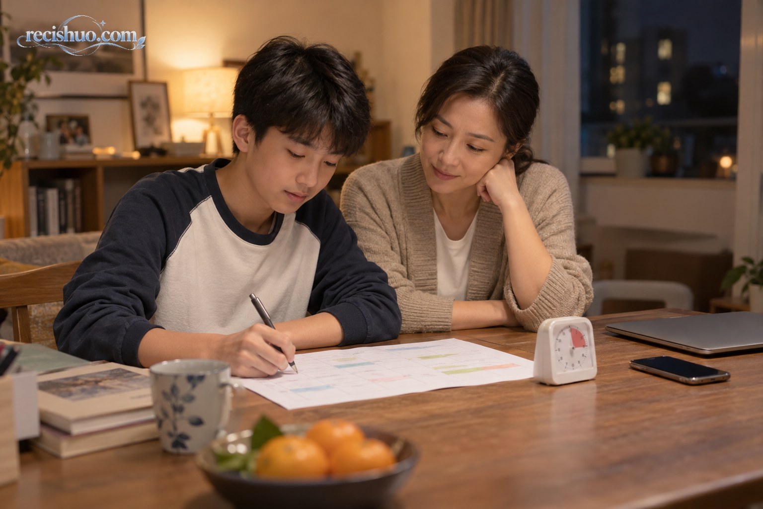 家长陪伴孩子制定纸质学习计划，电子设备放在桌角