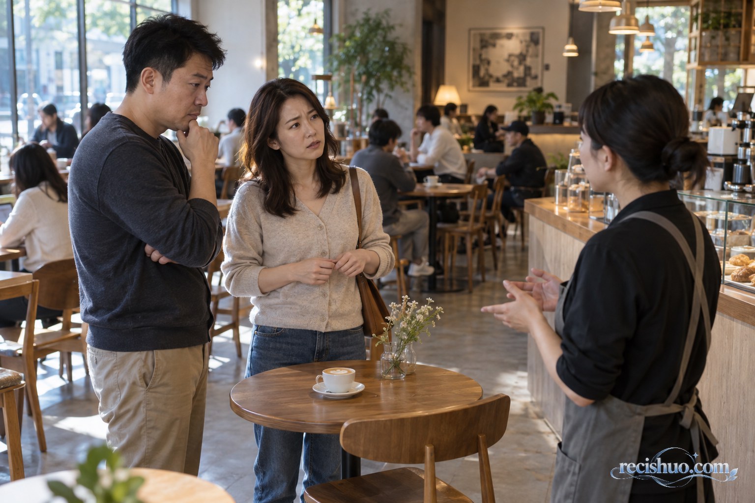 客流较多的咖啡店内,一对夫妻站在放有一杯咖啡的桌旁与店员沟通