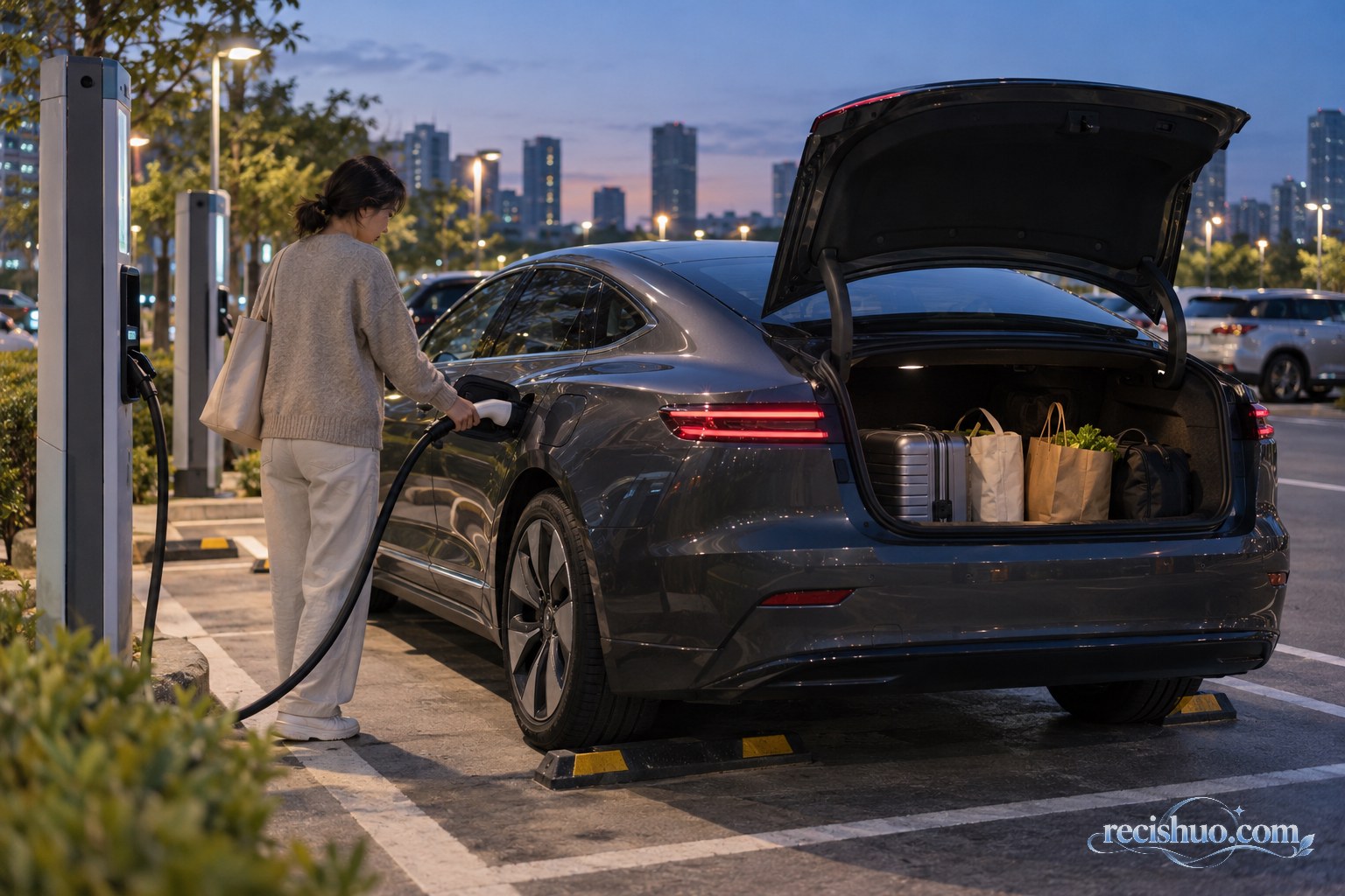 傍晚公共充电站内一名用户为装有日常行李的纯电轿车充电