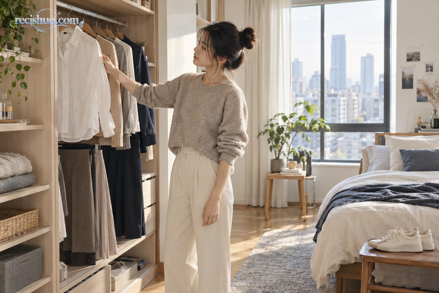 年轻女性在自然光下从简洁衣柜中挑选基础款服装