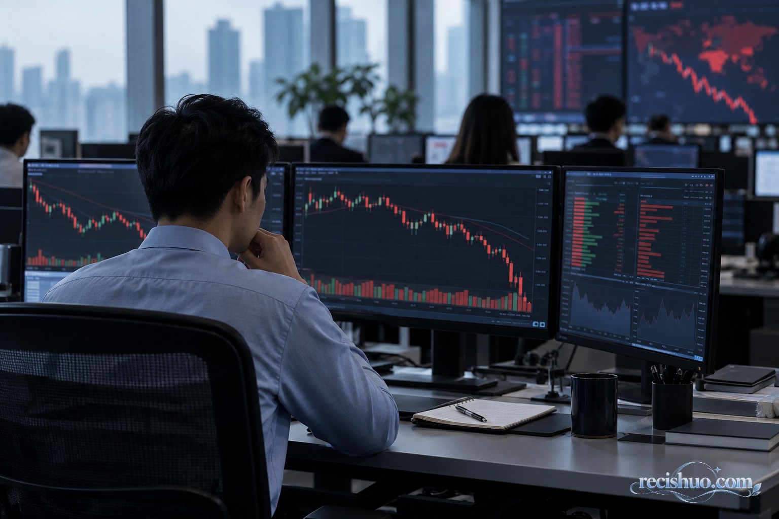 交易室内的分析人员正在观察科技板块下行走势