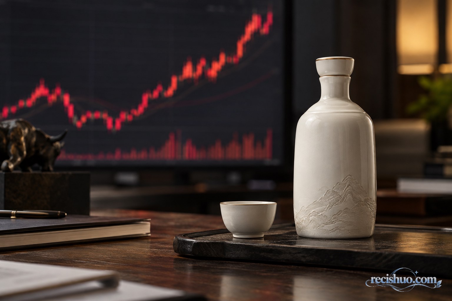 白色瓷酒瓶与酒杯置于木桌上,背景为虚化的红色证券行情曲线