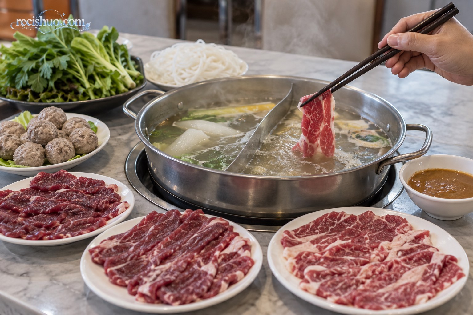 清汤牛肉火锅旁摆放鲜切牛肉、牛肉丸、青菜与蘸料