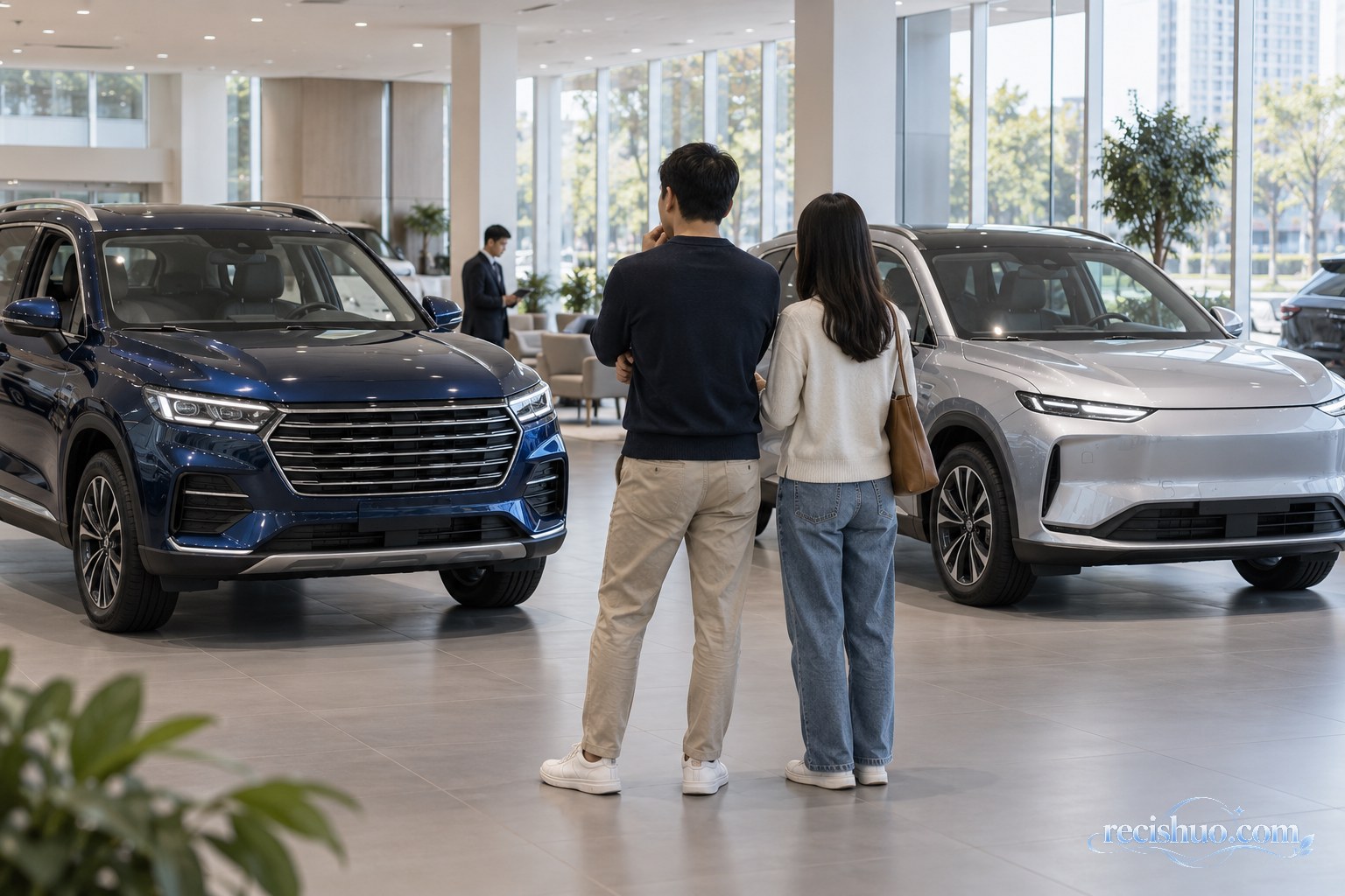 消费者在汽车展厅对比燃油SUV与新能源SUV