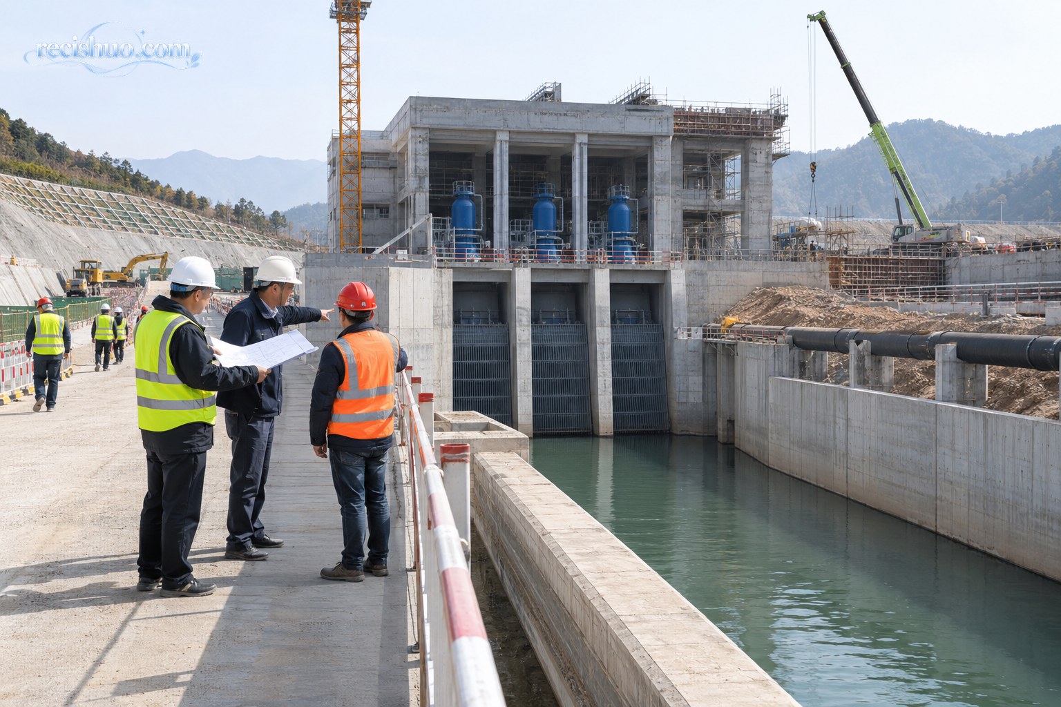 工程人员在大型输水渠道和泵站建设现场检查施工情况