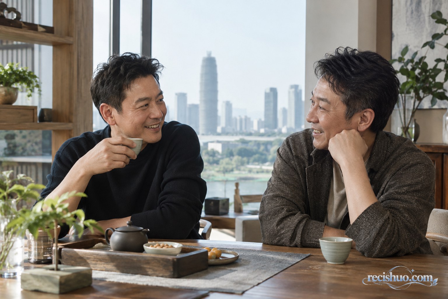 两位中年男士在郑州城市会客空间饮茶叙旧的温暖场景