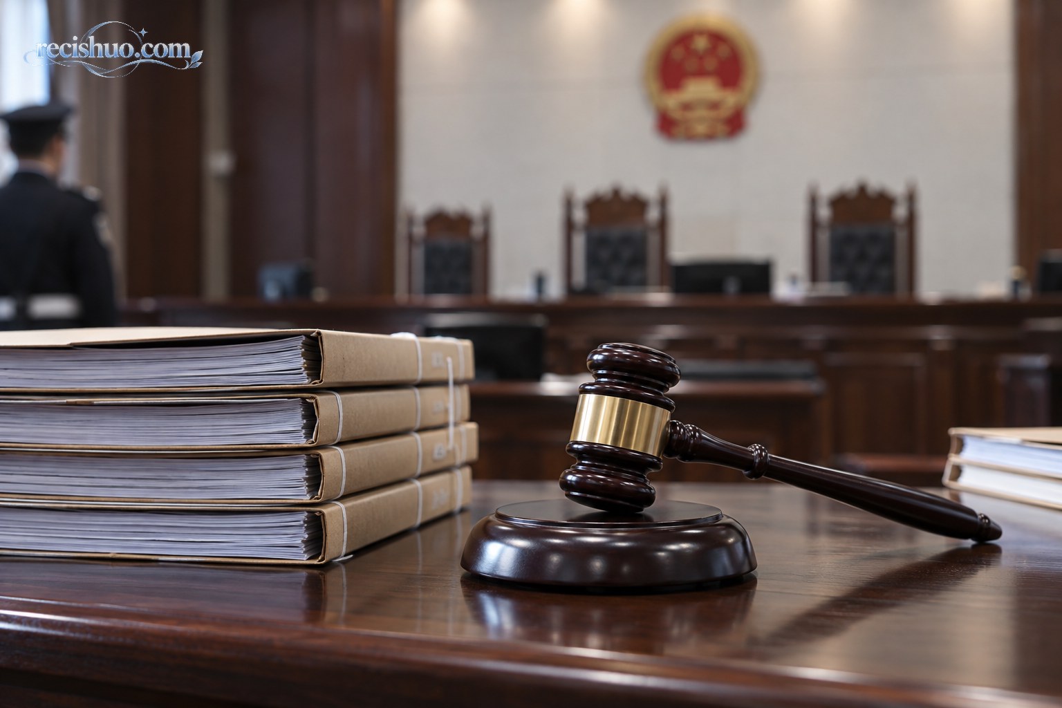 庄重法庭内的法槌与成摞案卷,象征重大刑事案件进入一审宣判阶段