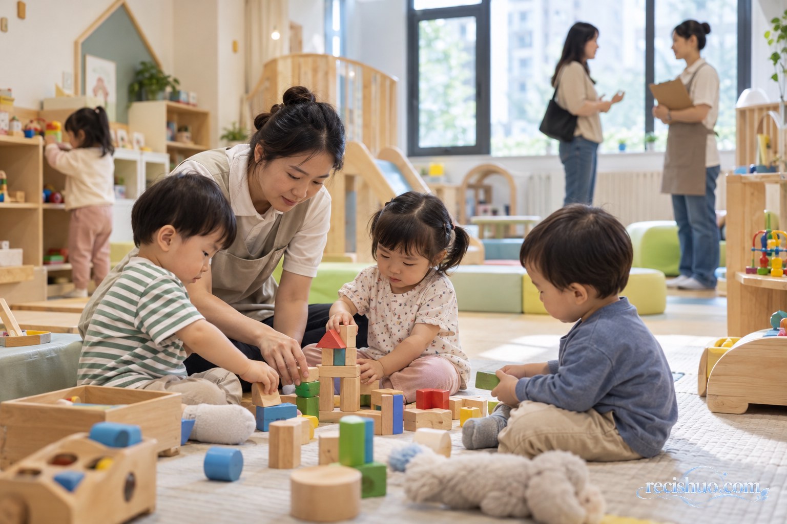 社区托育人员陪伴幼儿搭积木并与家长沟通