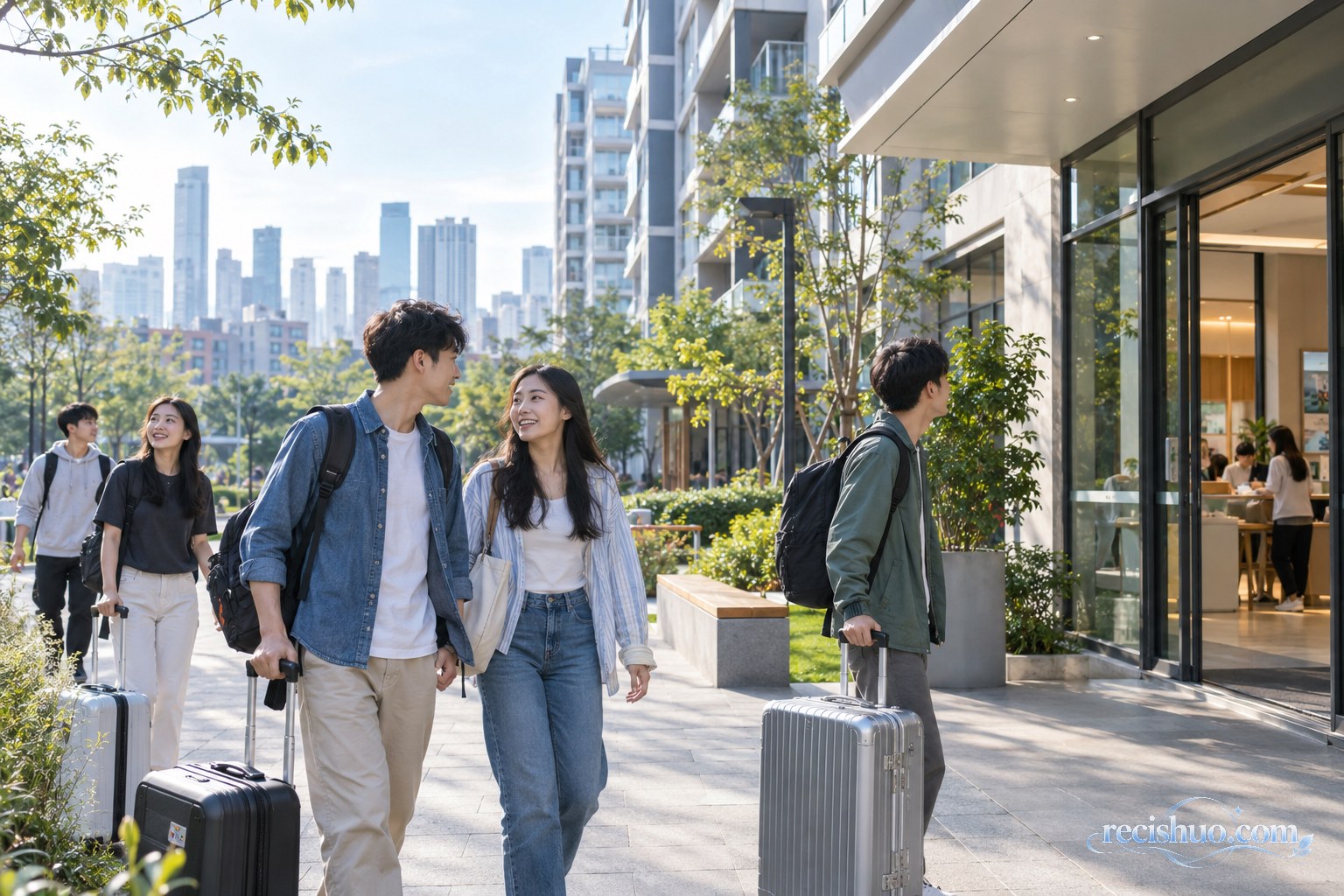 年轻人携带行李走进绿意环绕的现代城市青年社区