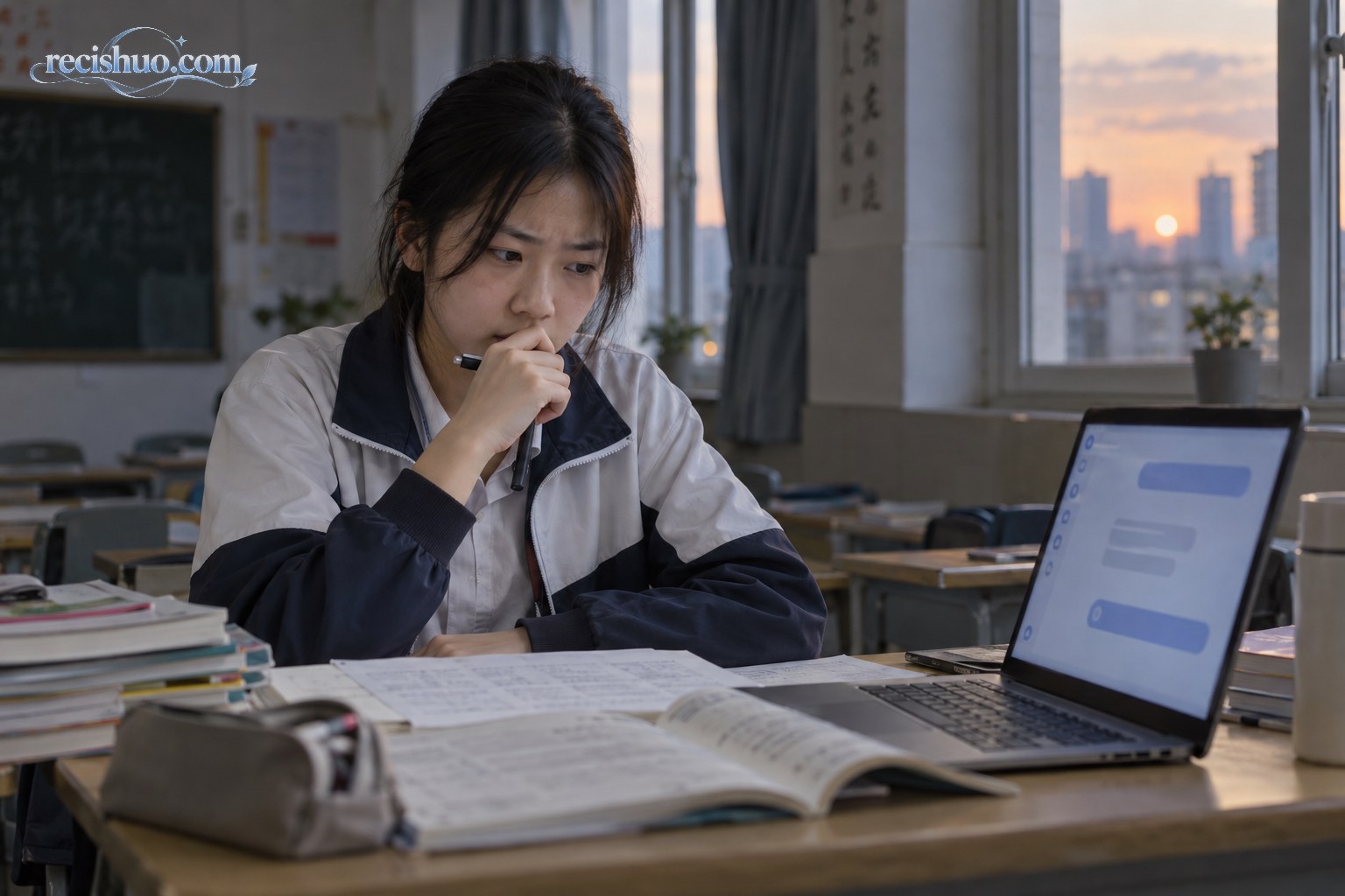 傍晚教室里，一名中学生面对练习册和电脑停笔思考