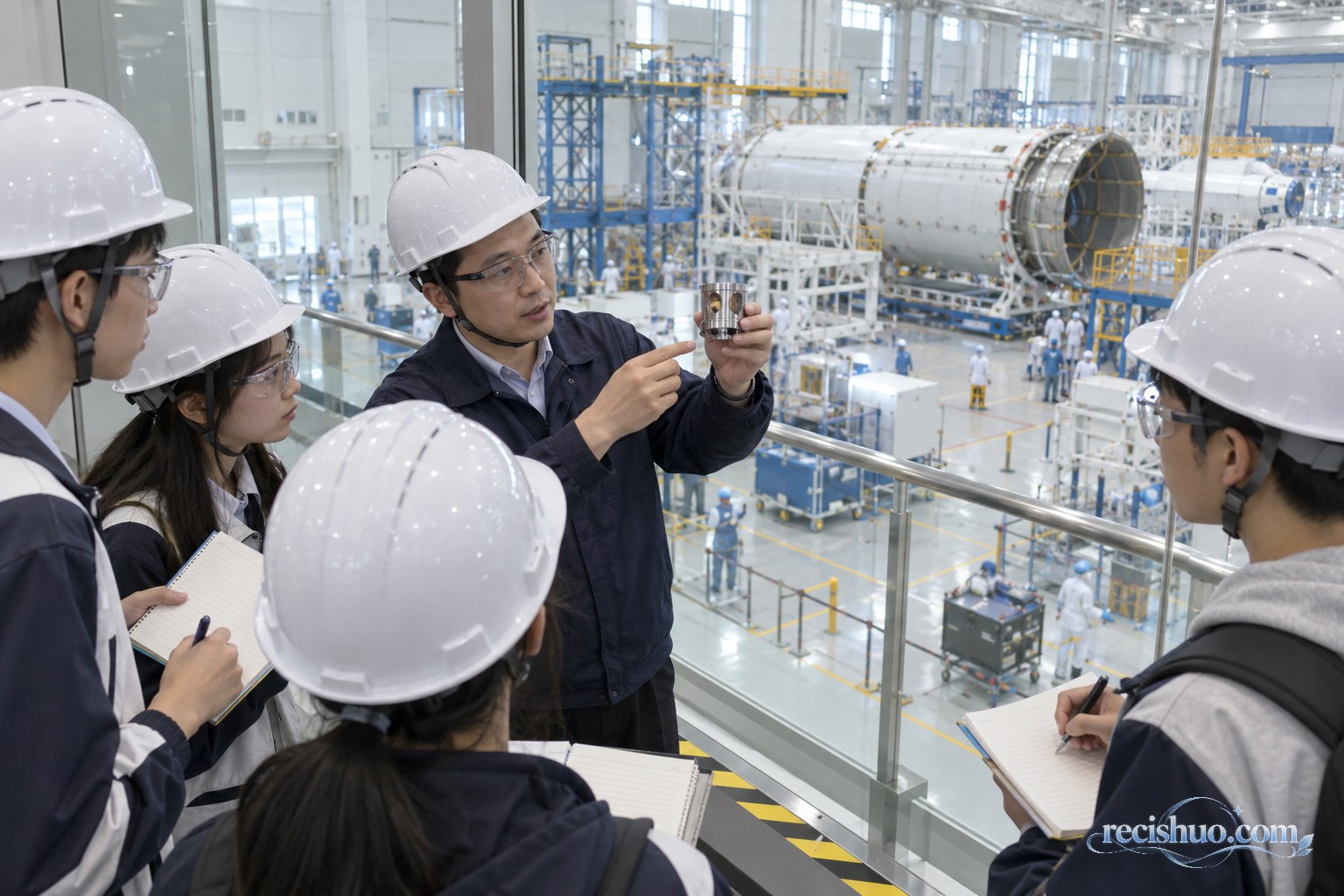 研学学生在航天制造车间参观区听讲解员介绍机械部件