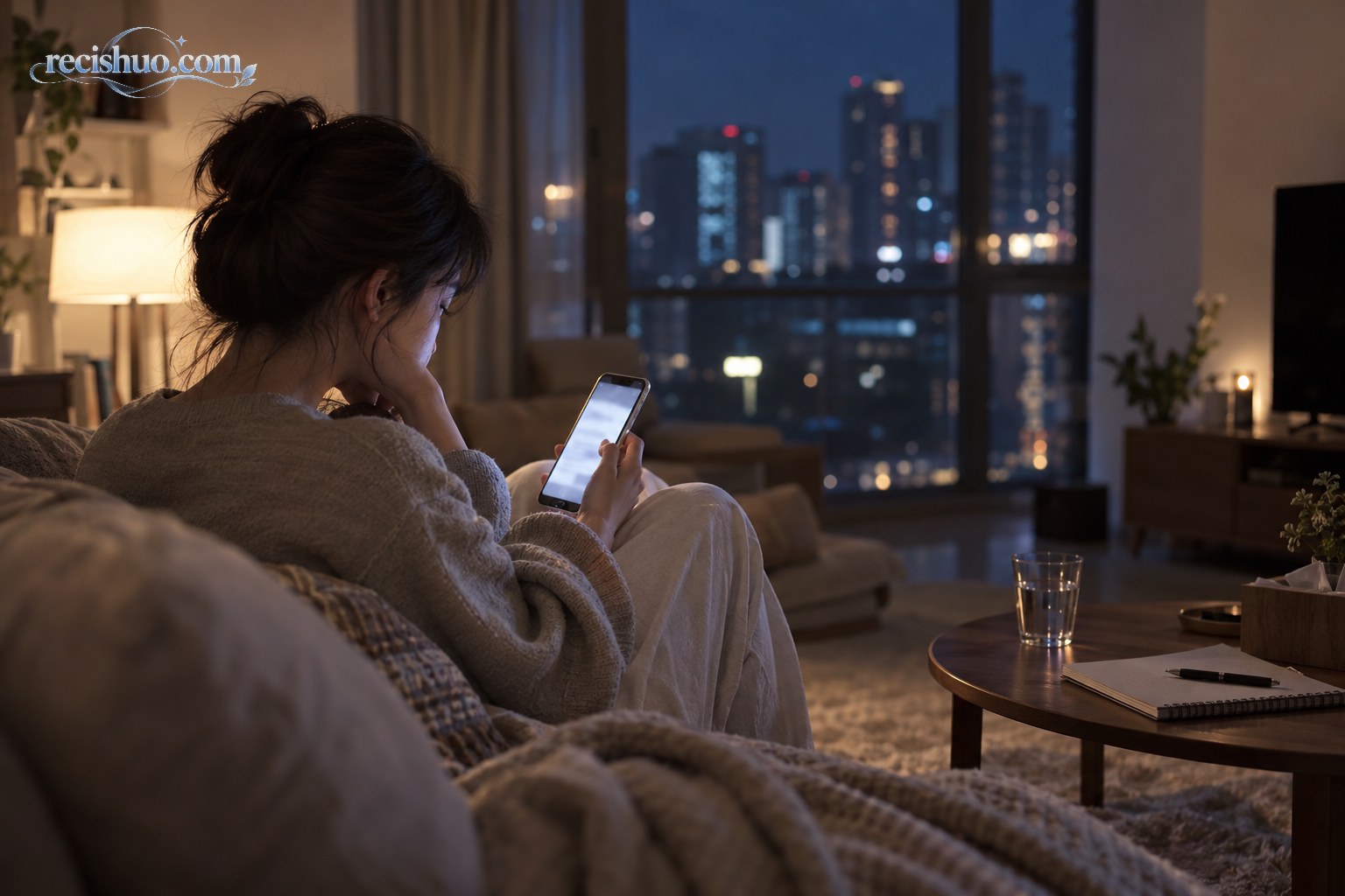 年轻女性深夜独自在城市公寓查看手机,画面呈现线上陪伴需求与情绪消费风险