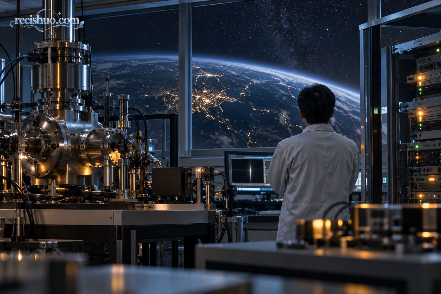 原子钟实验室内的科研人员面向地球与星空观察精密计时设备