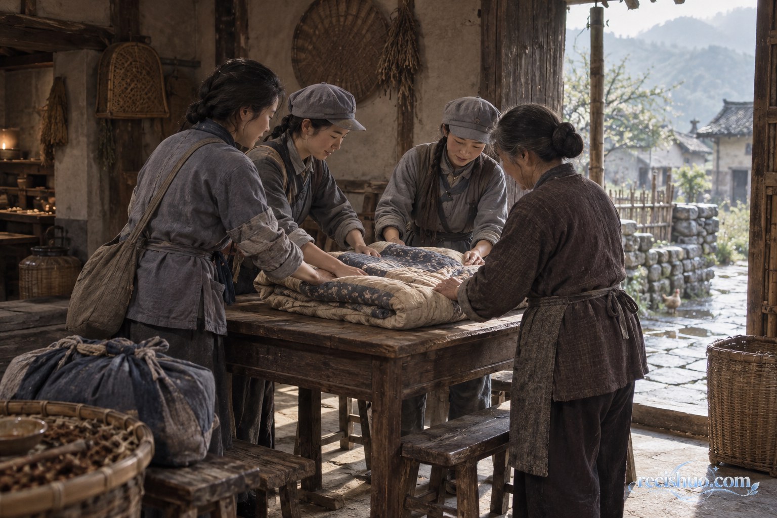 几位身着朴素年代服装的女性在山村土屋中共同折叠旧棉被