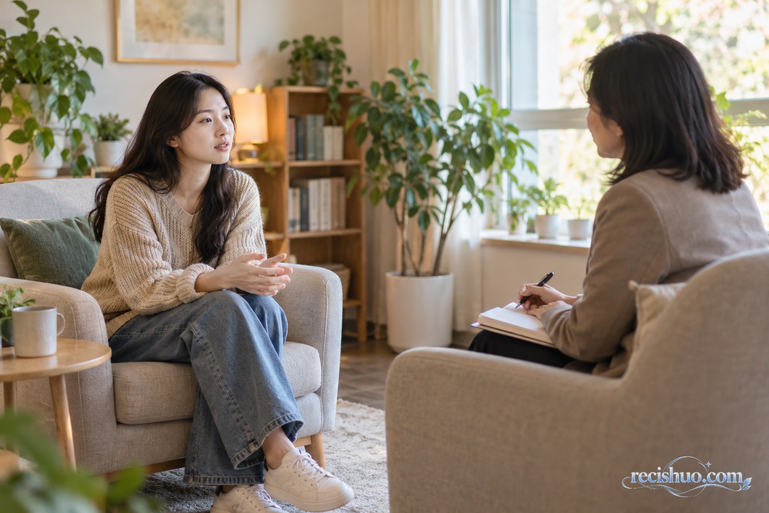 年轻女性在明亮安静的咨询空间与专业人员面对面交流