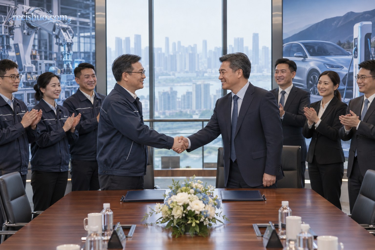工业研发团队与汽车企业代表在武汉现代会议空间握手,桌面放有协议文件夹