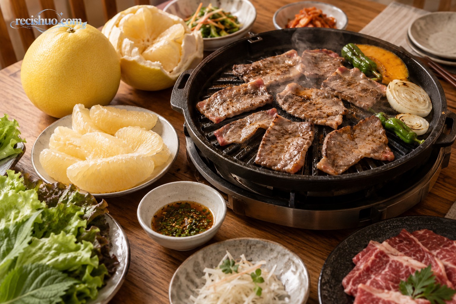 烤盘上的肉片与新鲜柚子果肉、生菜组成一桌清爽烤肉搭配