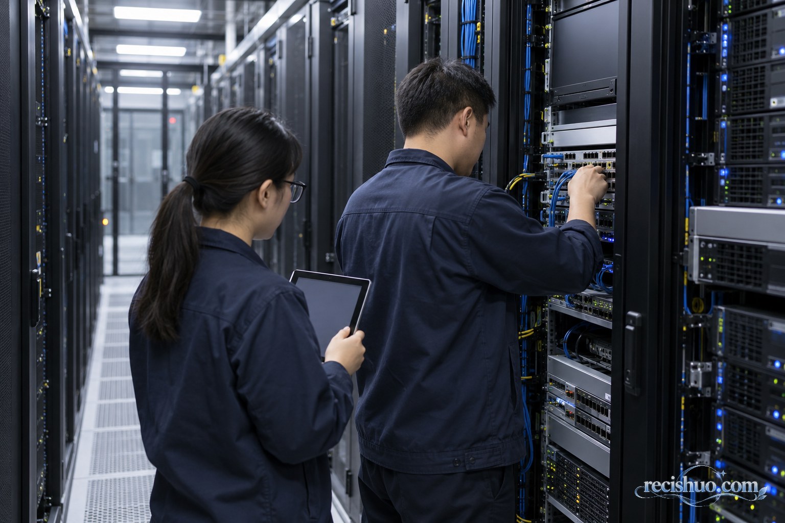 数据中心工程师检查服务器机柜中的时间同步设备