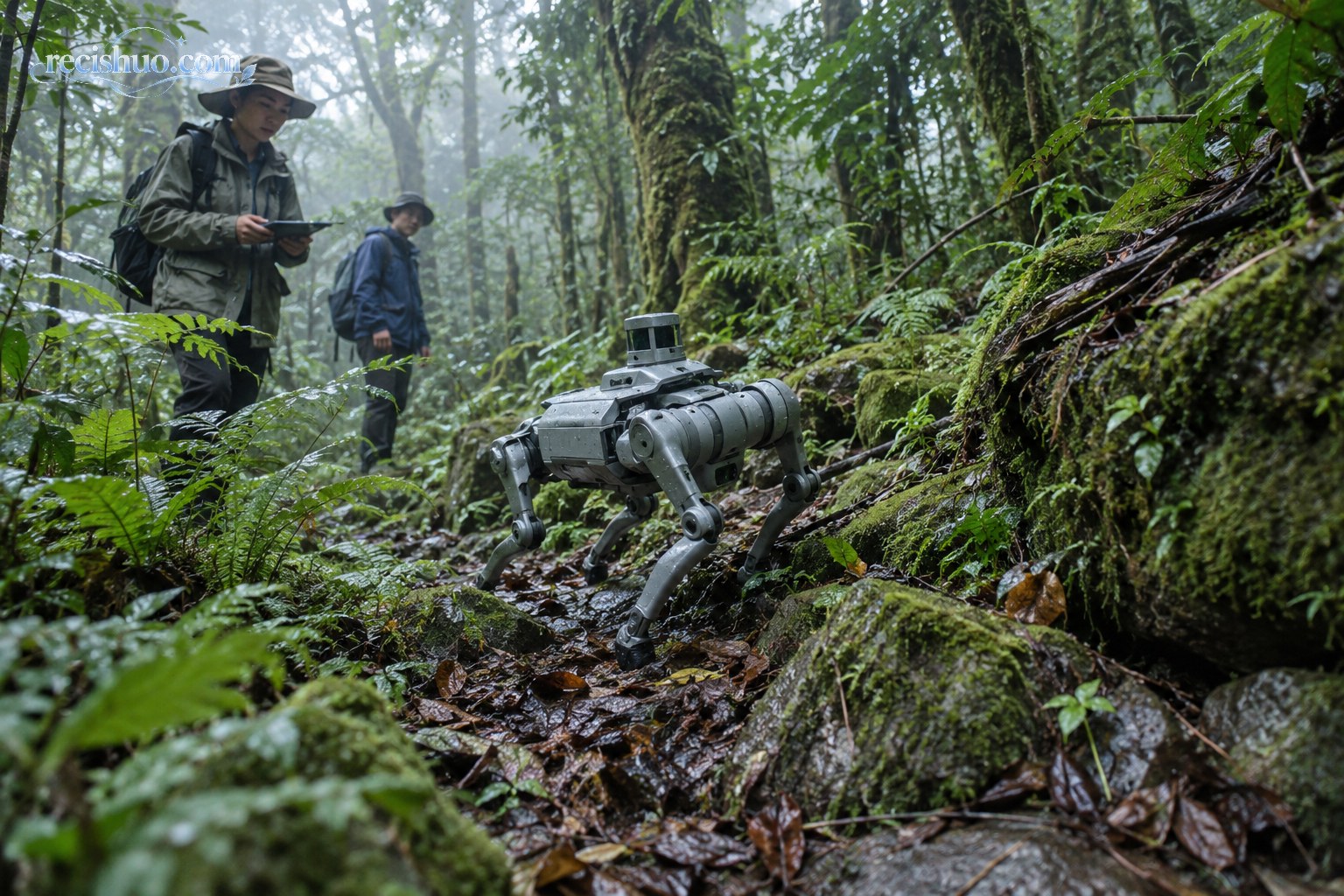 哀牢山湿润森林中，四足机器狗在科研人员观察下沿苔藓覆盖的山路前进