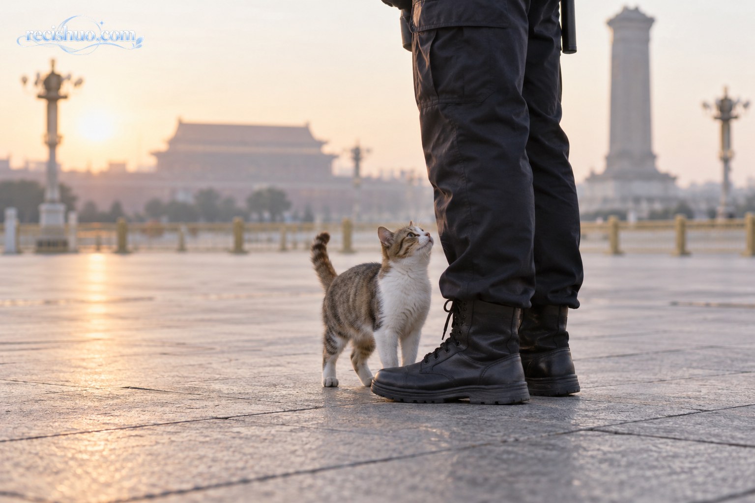 清晨广场上,一只小猫谨慎靠近执勤人员靴边的温暖示意画面