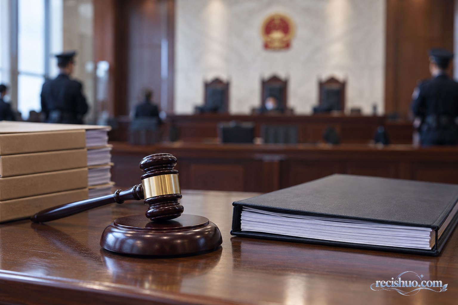 庄重法庭内的法槌、案卷与虚化审判席，表现司法机关依法追责