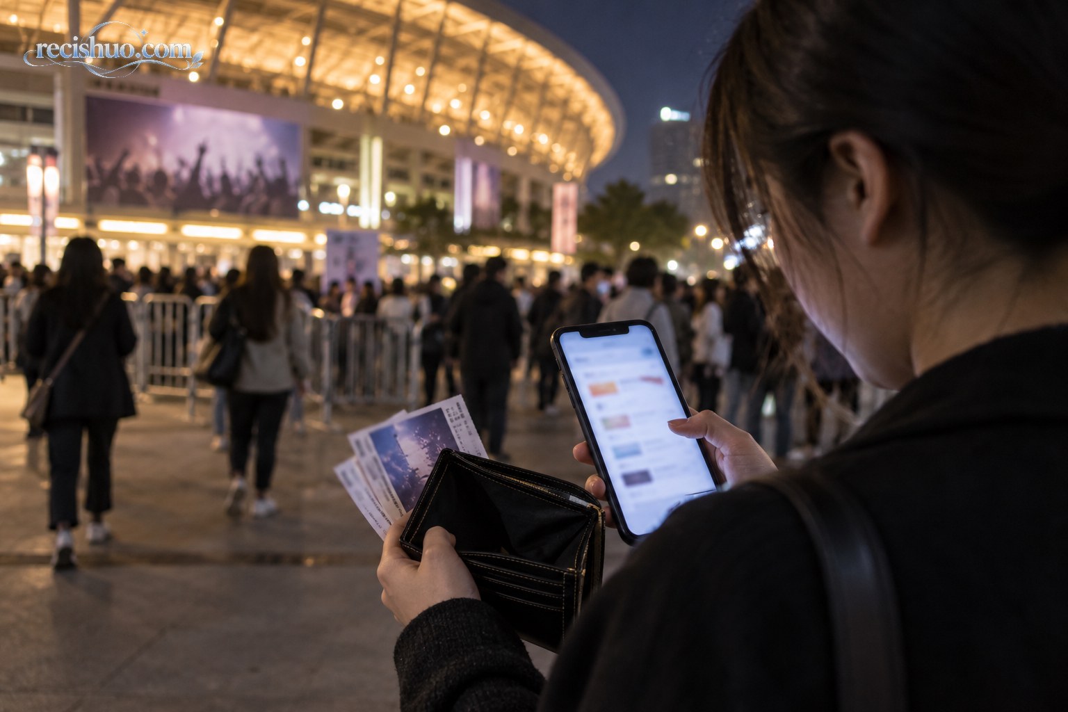 夜晚演出场馆外,一名观众查看手机票务页面并打开空钱包