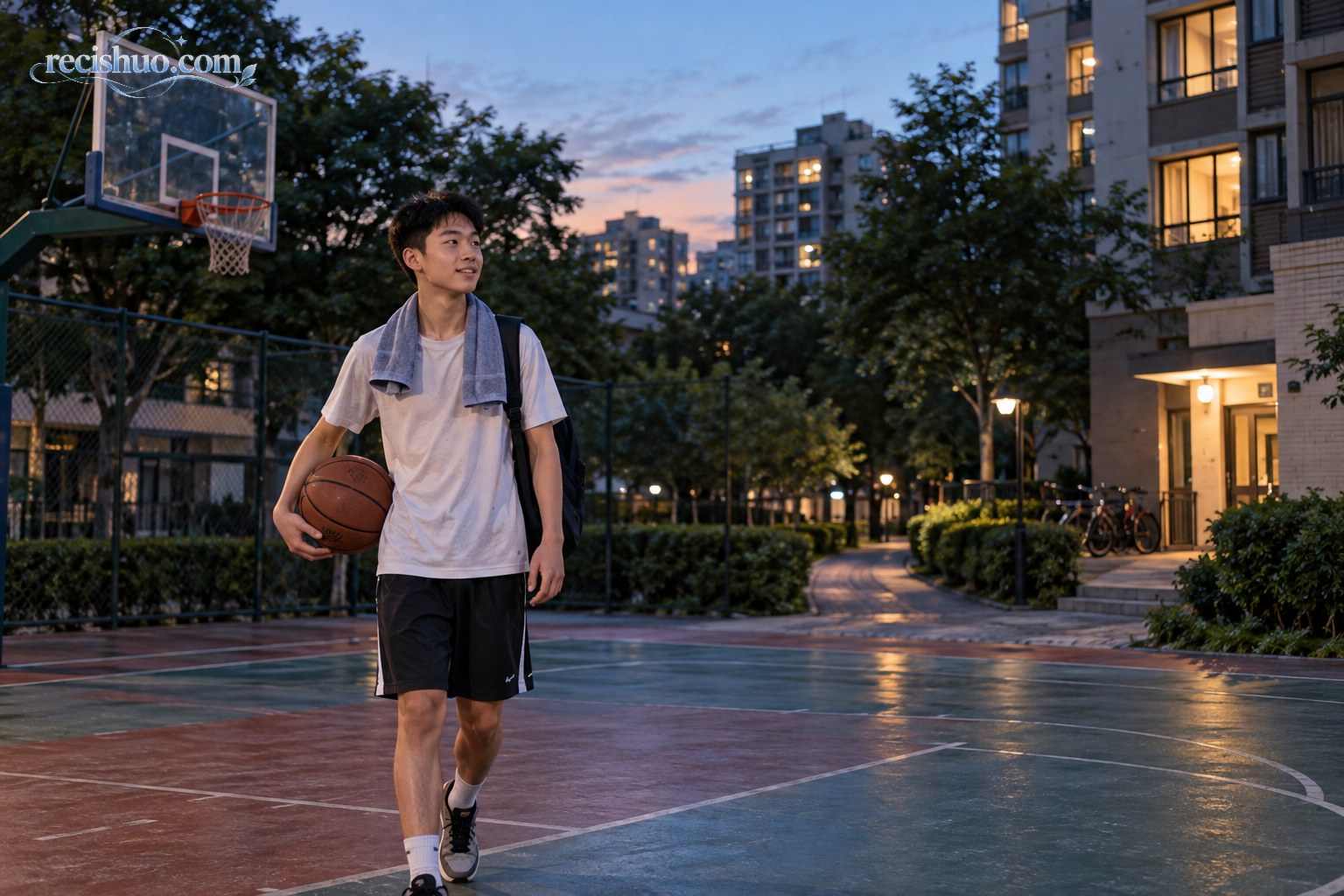 少年傍晚结束篮球活动后从社区球场步行回家