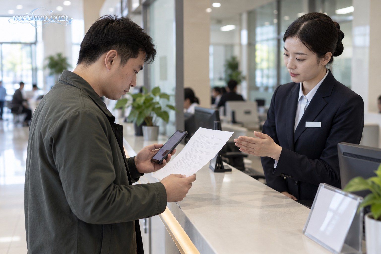 顾客在服务柜台查看告知材料并核对手机授权内容