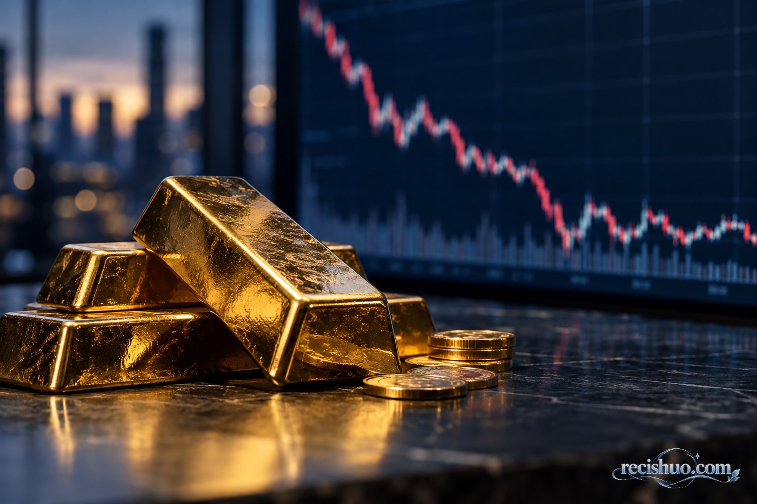 金条与金币置于下行震荡的行情屏幕前,呈现现货黄金价格波动