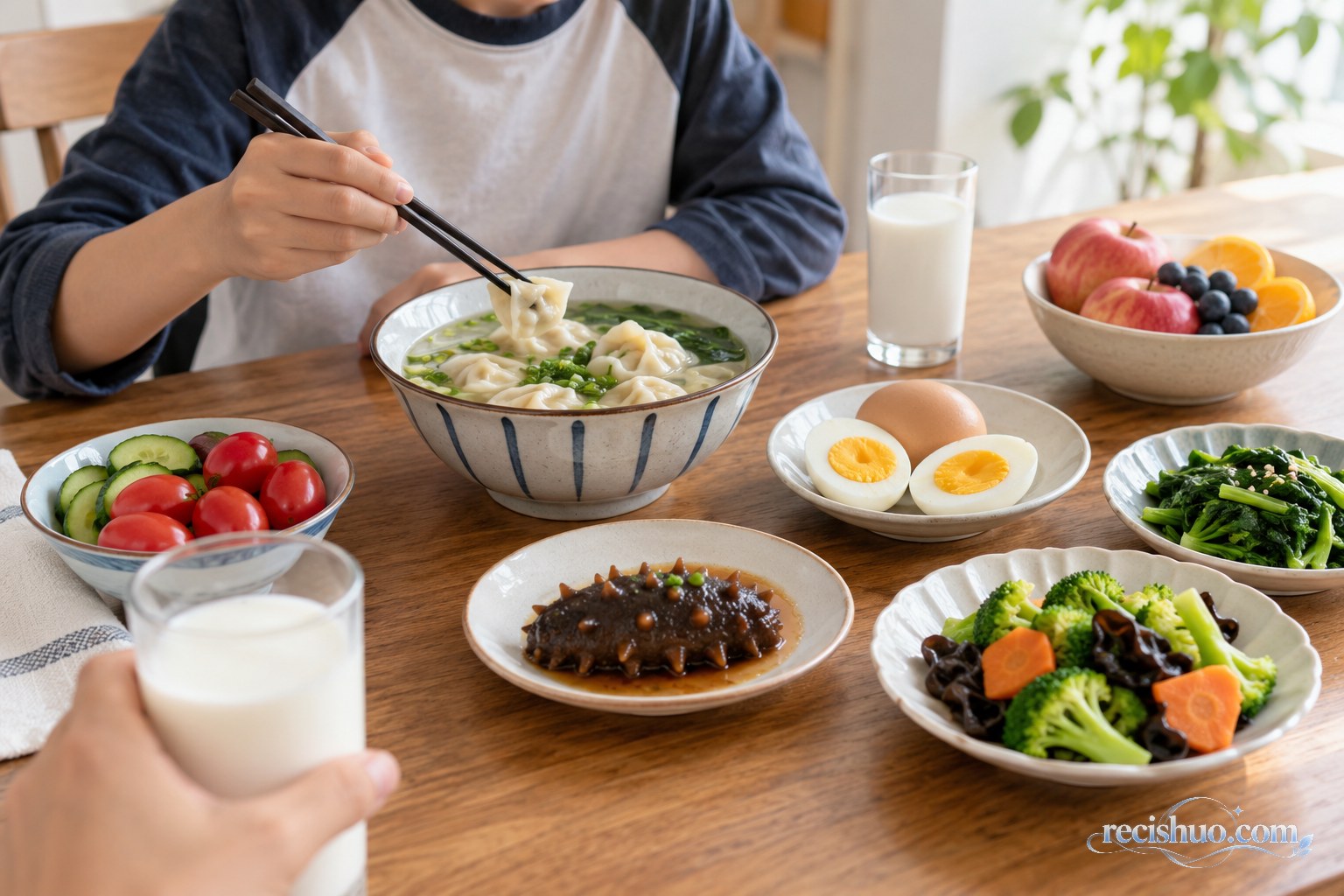 家庭早餐桌上摆放馄饨、鸡蛋、海参、牛奶、蔬菜和水果