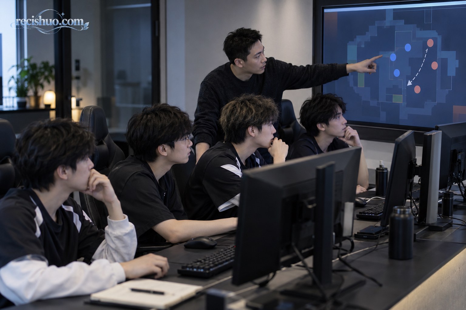 电竞战队选手与教练在训练室围绕抽象战术画面进行赛前复盘