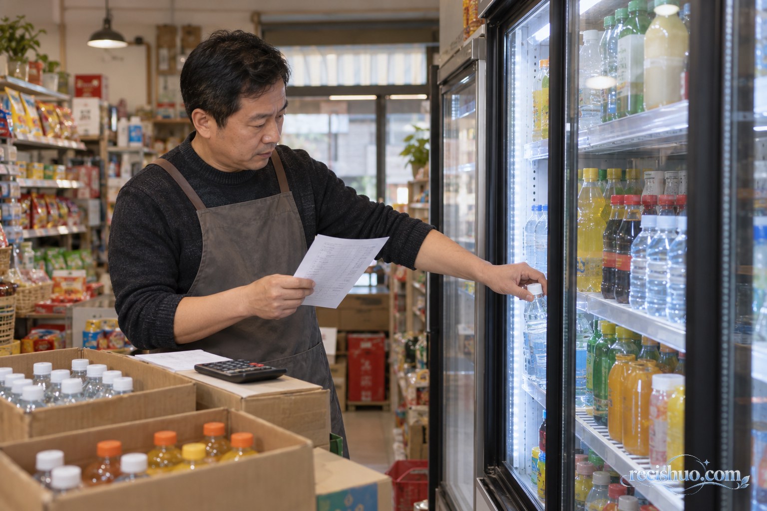 便利店经营者一边核对进货单一边整理冷柜饮料