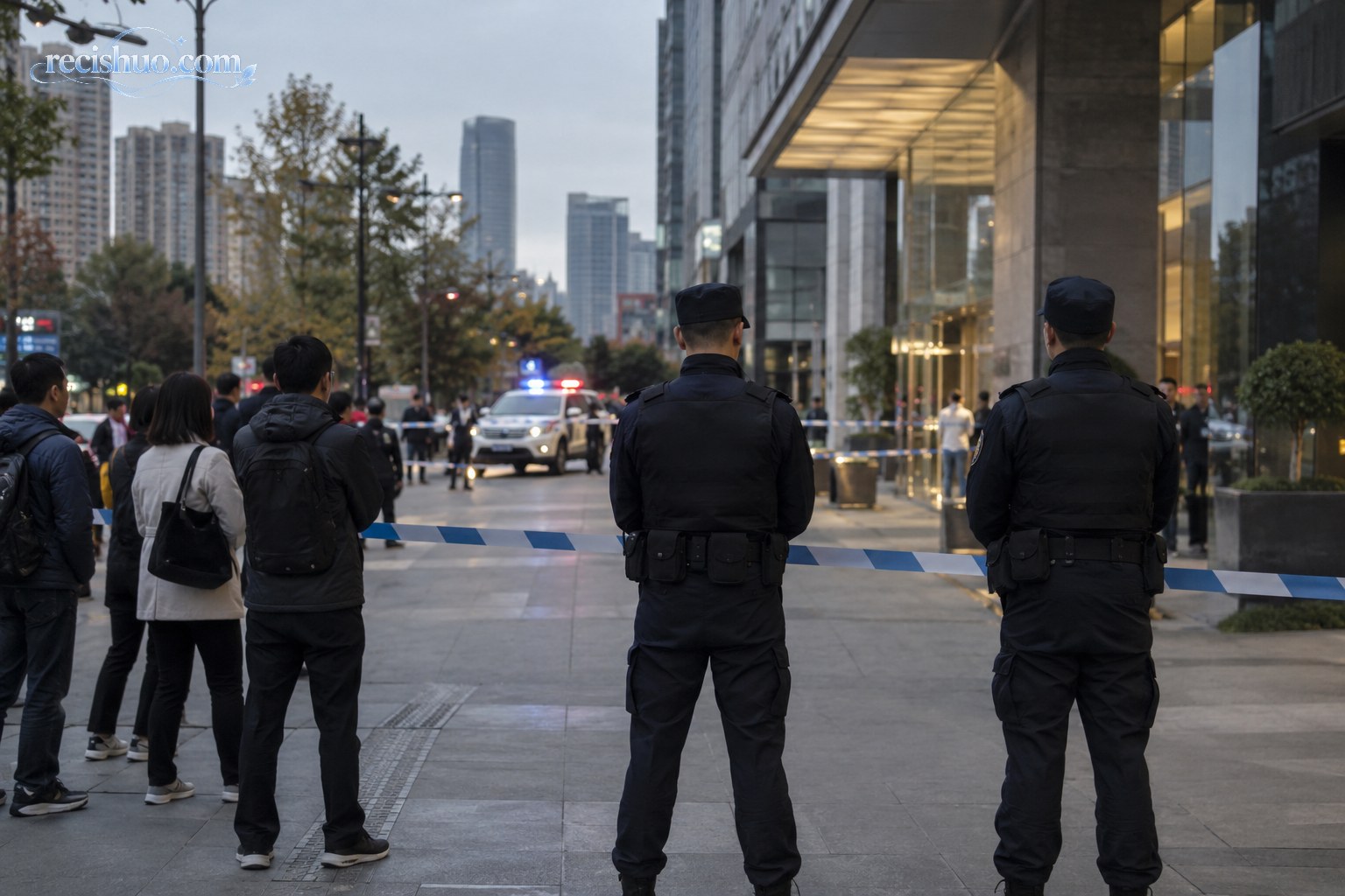 城市街道警戒线外民警维持秩序的新闻纪实画面