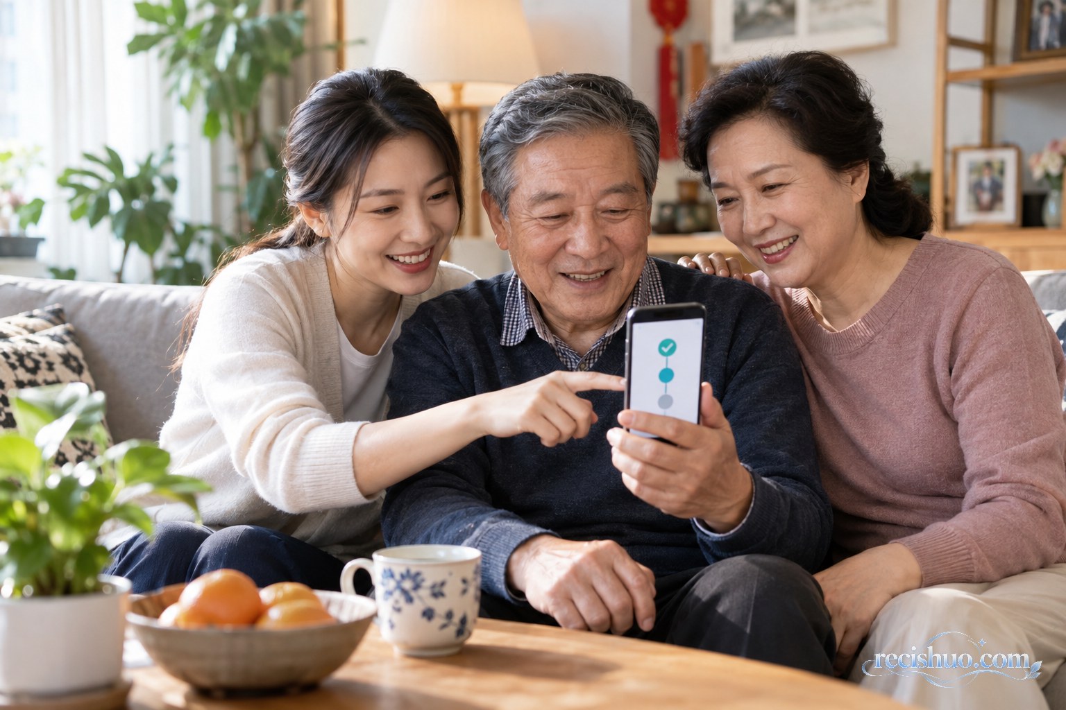 家人陪同临近退休人员用手机查看办理进度