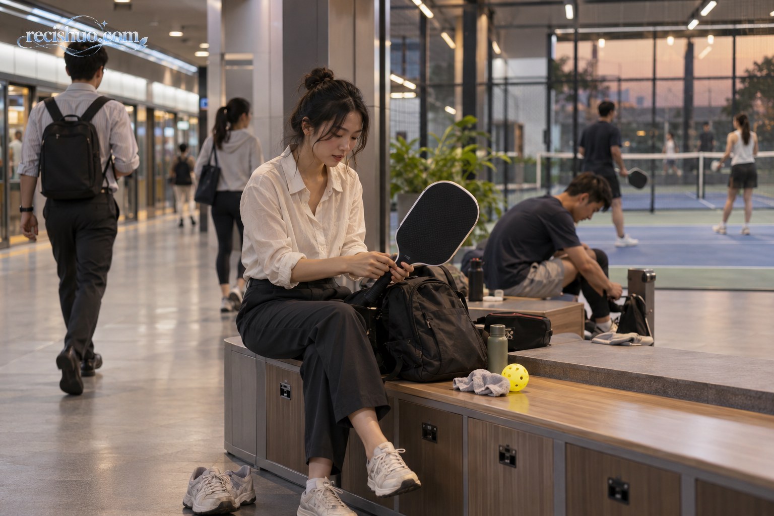 下班后的通勤者在地铁运动空间旁整理球拍和随身装备