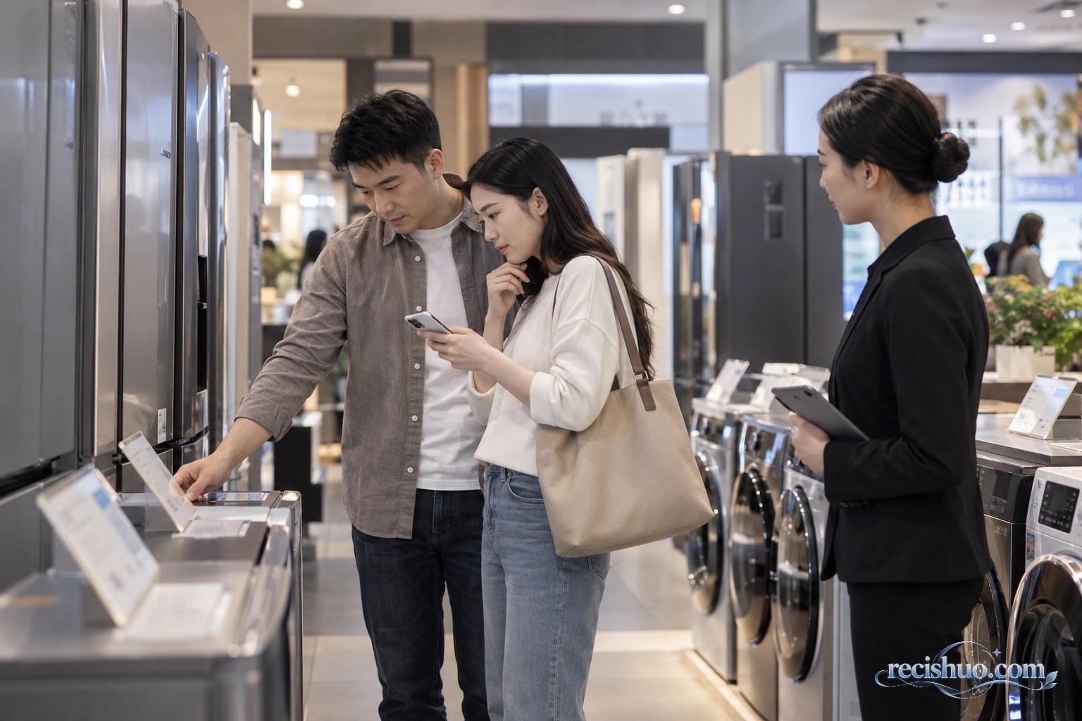 消费者在家电卖场比较产品信息并用手机核算换新成本