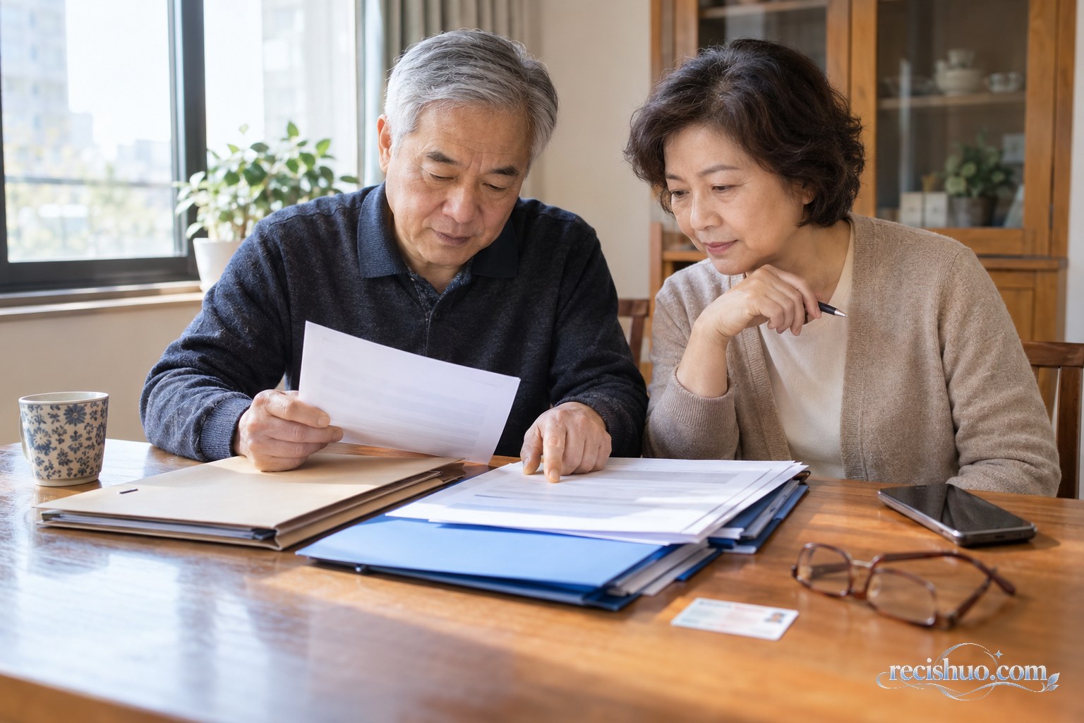 临近退休人员在家核对个人资料和相关文件