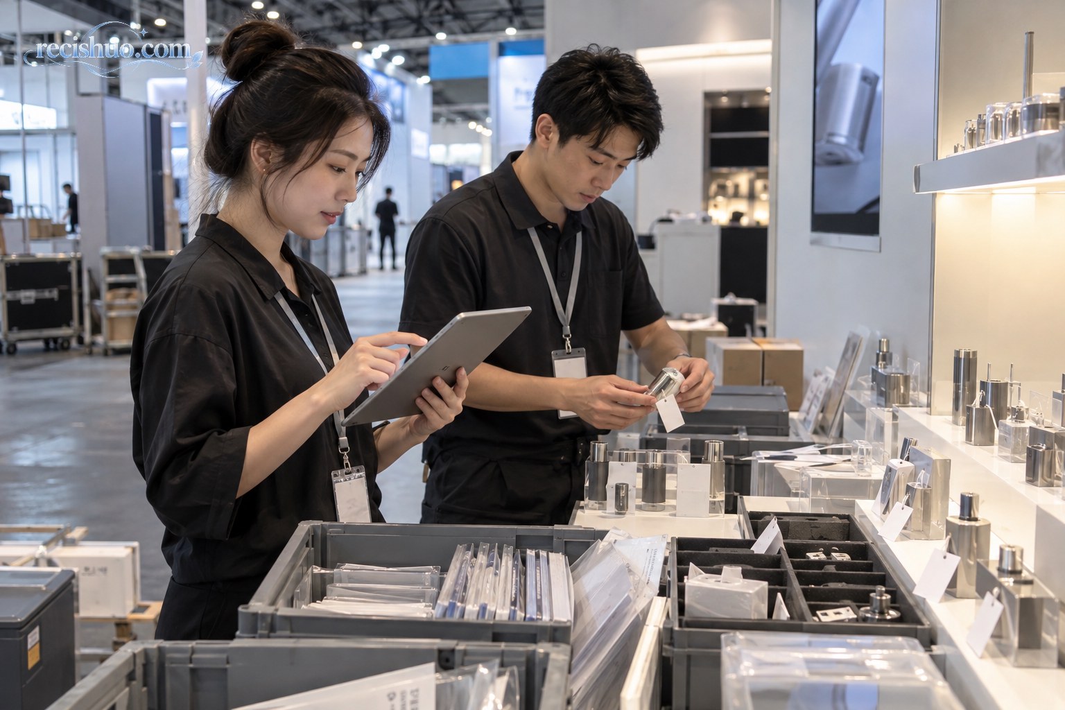 参展团队在开馆前核对样品、资料与现场准备事项