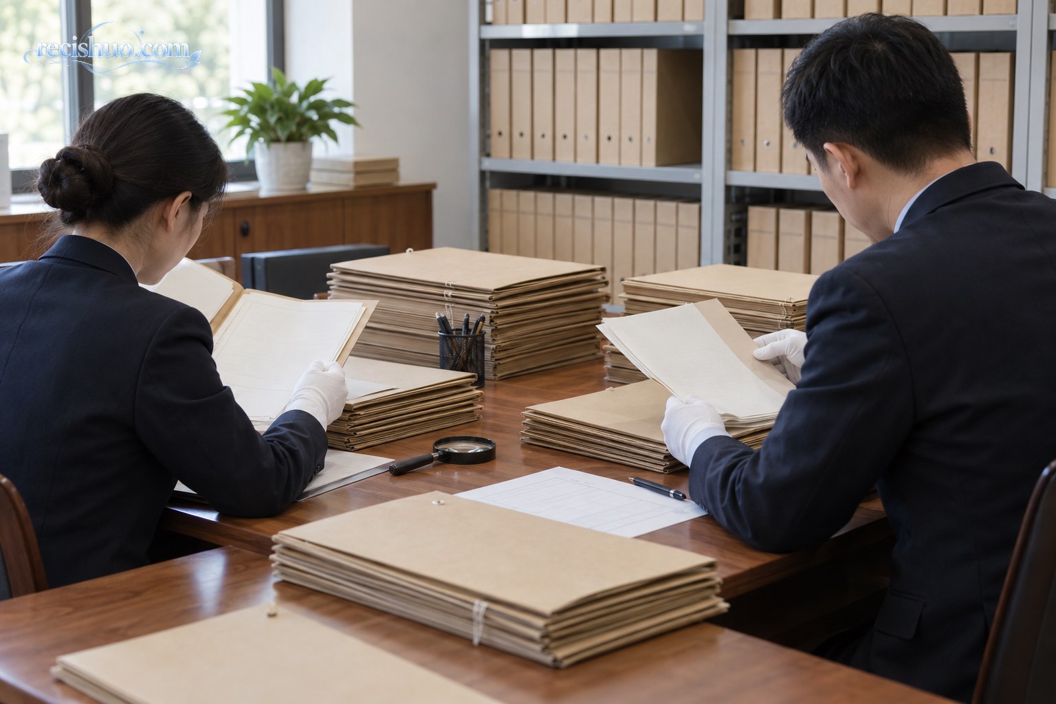 两名工作人员在档案室内核验成摞纸质档案材料