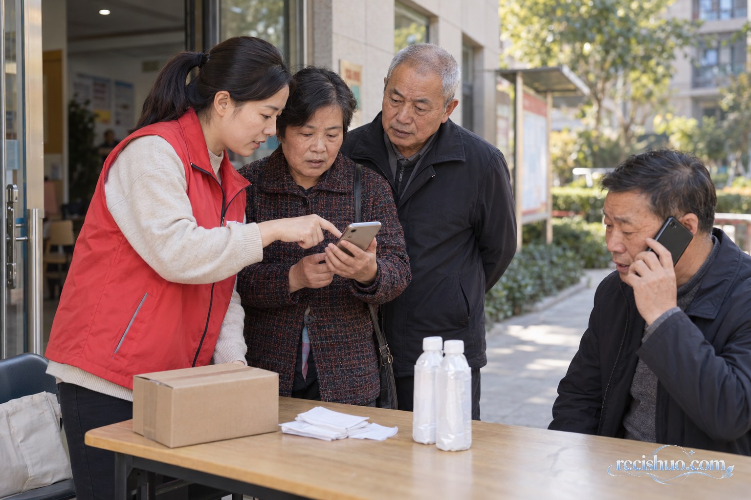 社区工作人员帮助居民核查可疑活动信息,另一名居民正在拨打电话咨询