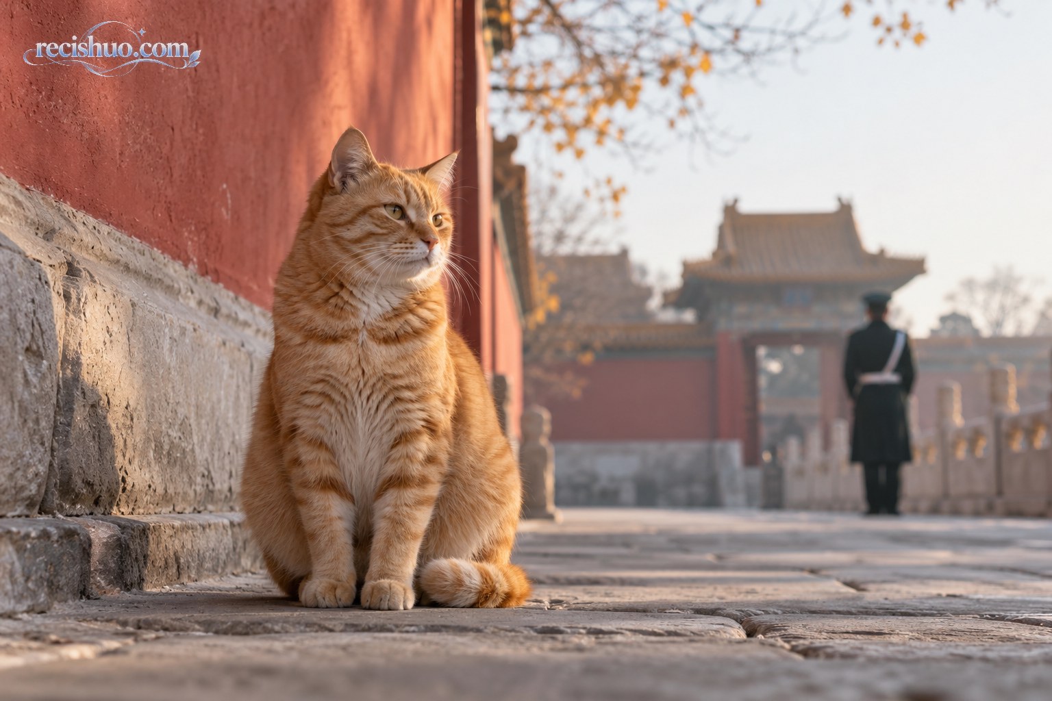 秋日红墙旁端坐的橘猫与远处模糊的执勤人员背影