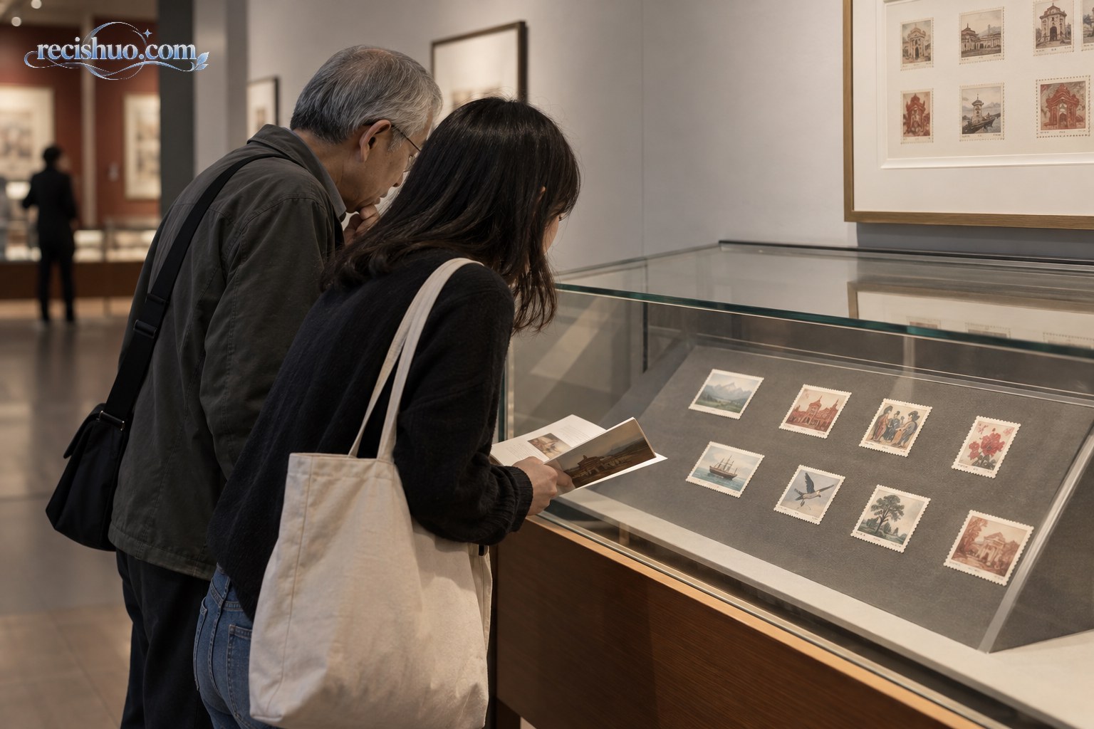 两代观众在博物馆展柜前共同观看纪念邮票