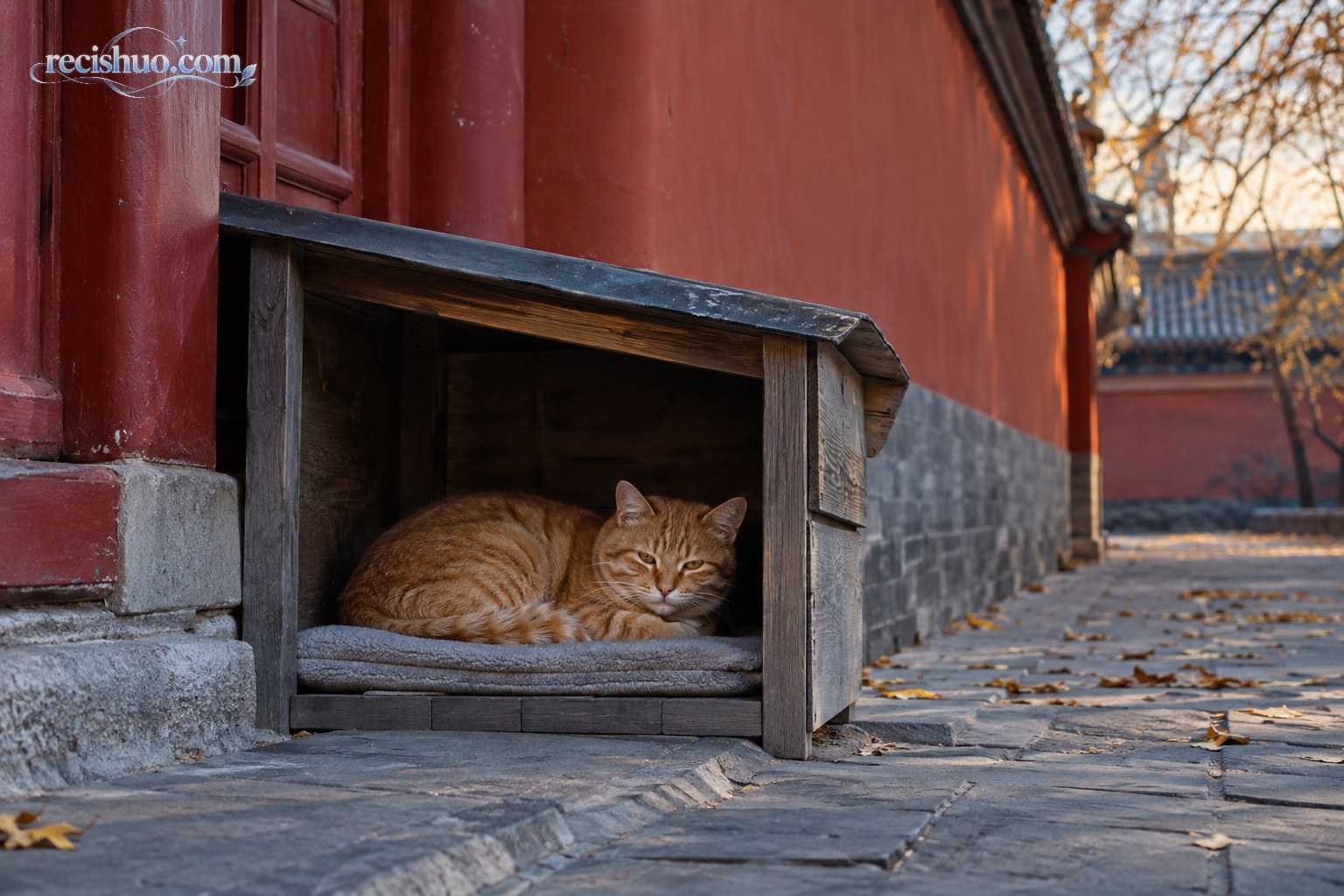 橘猫在红墙旁的遮蔽猫窝内安静休息