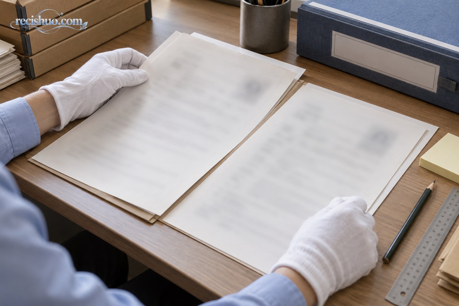工作人员戴白色手套并排核对两份档案材料
