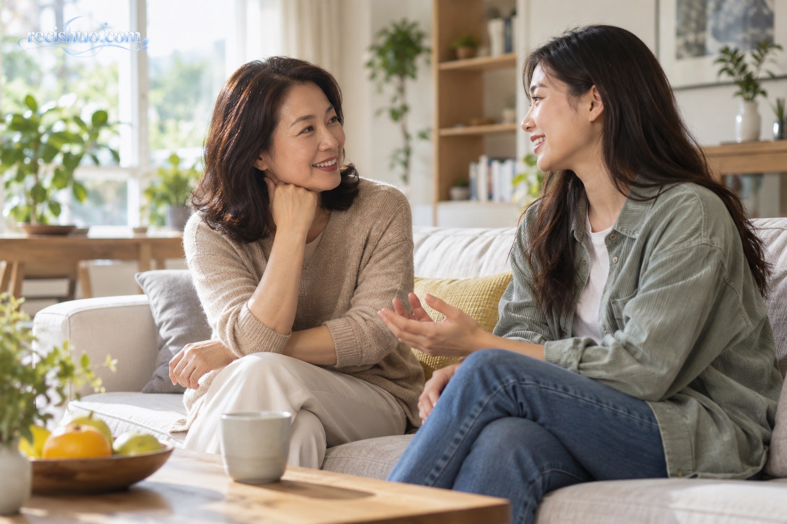 成年母女在明亮客厅中轻松交谈，呈现平等、开放的亲子沟通氛围